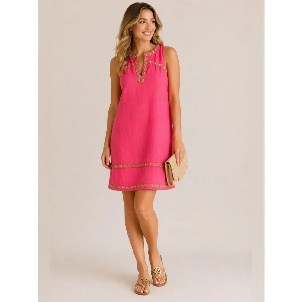 Vineyard Vines Pink Linen Blend Embroidered Sleeveless Shift Dress Size 00